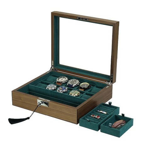 10 Slots Walnut Wooden Watch Box with 2 removable trays