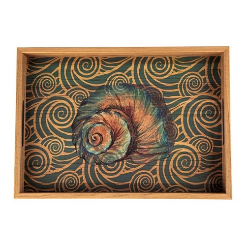 Elegant Wooden Tray with Ocean Printed Design